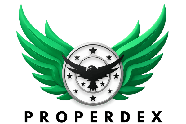 Properdex 3D logo featuring green wings, a circular emblem with stars, and a black eagle in the center.