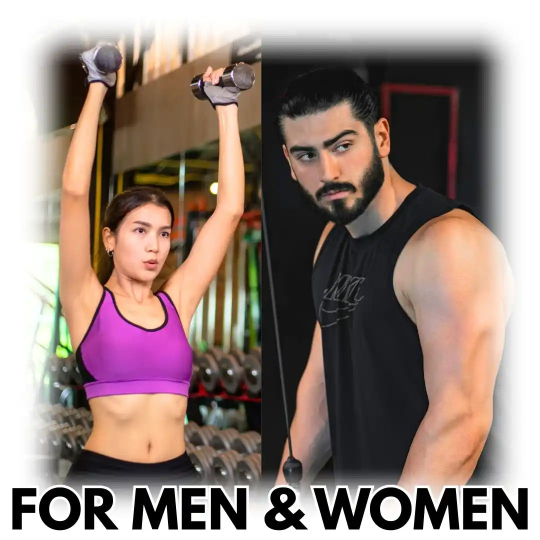 Two people exercising, one in a gym setting and the other in a close-up, with text 'FOR MEN & WOMEN'.