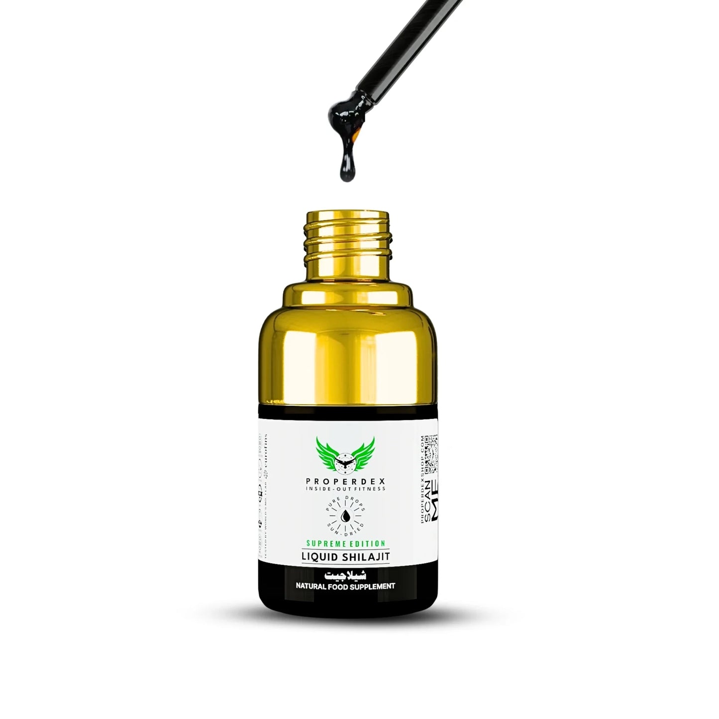 Properdex Liquid Shilajit 30ml bottle with gold cap, Supreme Edition, sun-dried.